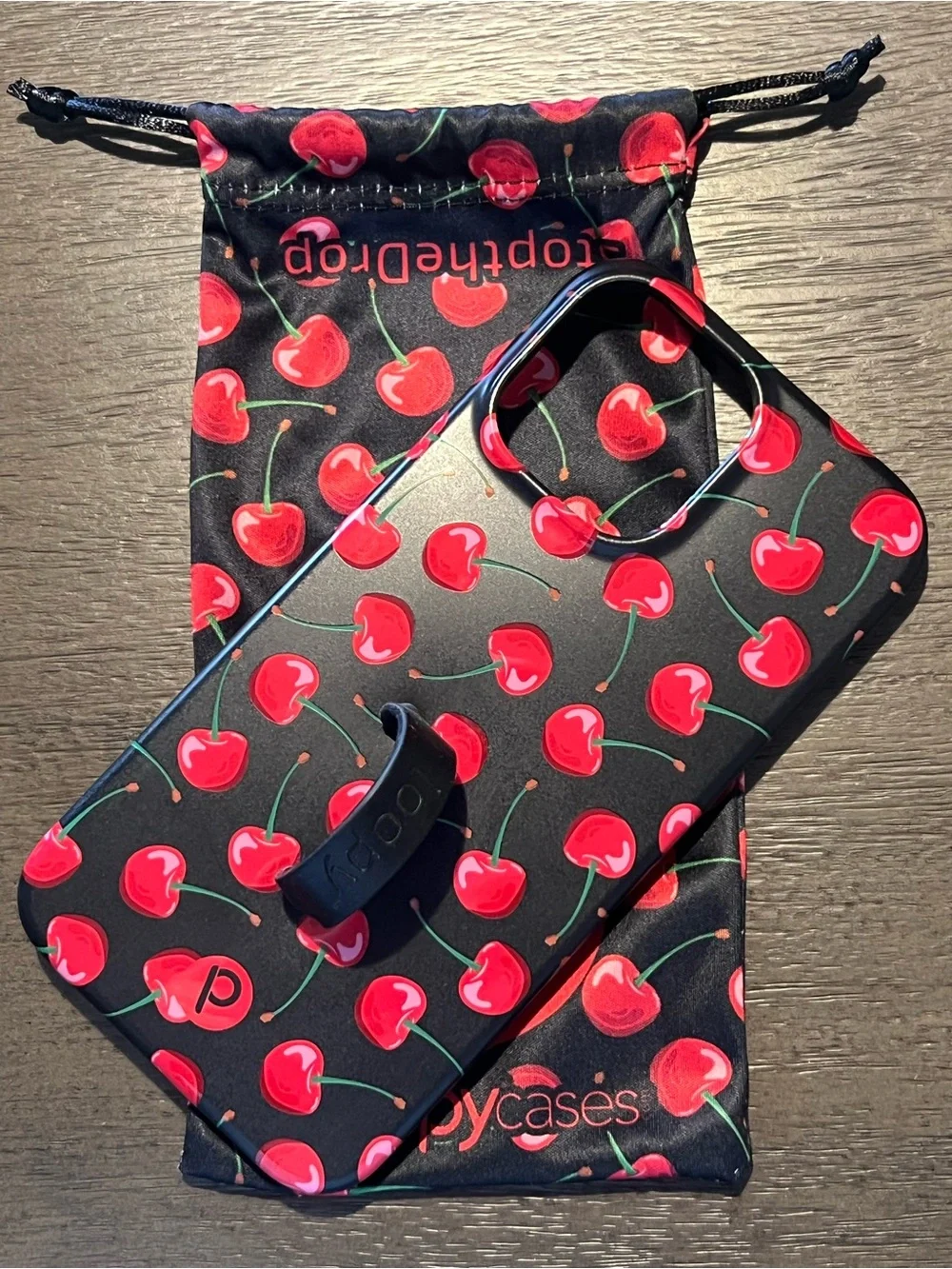 Loopy Case 13 PRO MAX- Cherry Pattern Black Phone Case with PopGrip Stand